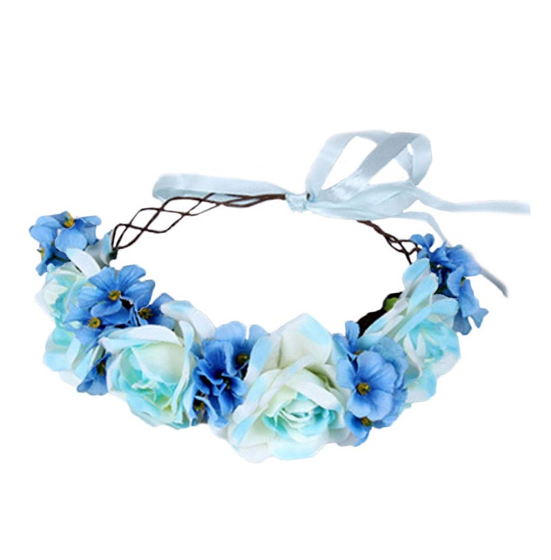 LLinfflr Floral Garland Crown Boho Flower Headband Hair Wreath Floral Halo Headpiece with Ribbon Wedding Party Blue - Image 1